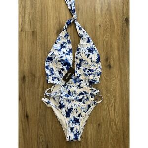 Aqua Eve Women Sexy One Piece Swimsuits Halter Plunge V Neck Cutout Sz S‎